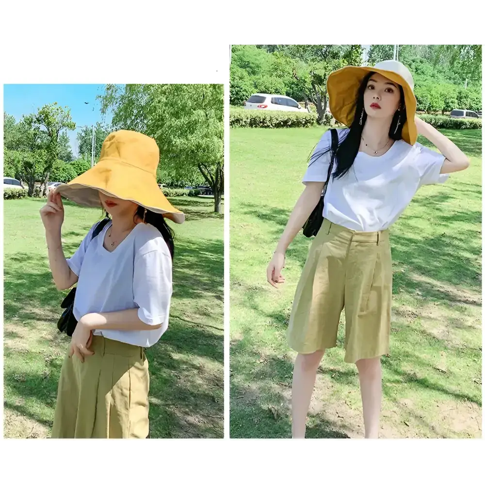 Women's stylish UPF 50 sun protection hat in yellow, perfect for sunny outdoor activities