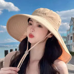 Ladies UV sun protection bucket hat in beige with adjustable chin strap for outdoor activities