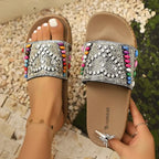 The Lady's Haven Boutique flat heel ladies vacation beach slippers with colorful beaded design
