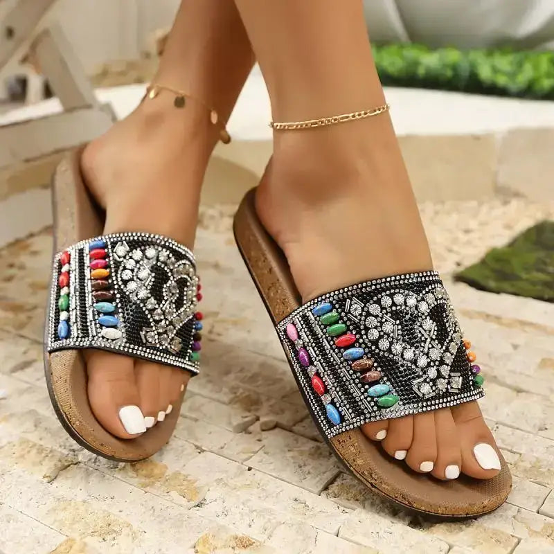 The Lady's Haven Boutique flat heel sandals with colorful bead design perfect ladies vacation beach slippers