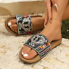Ladies vacation beach slippers flat heel sandals with colorful beaded and rhinestone design