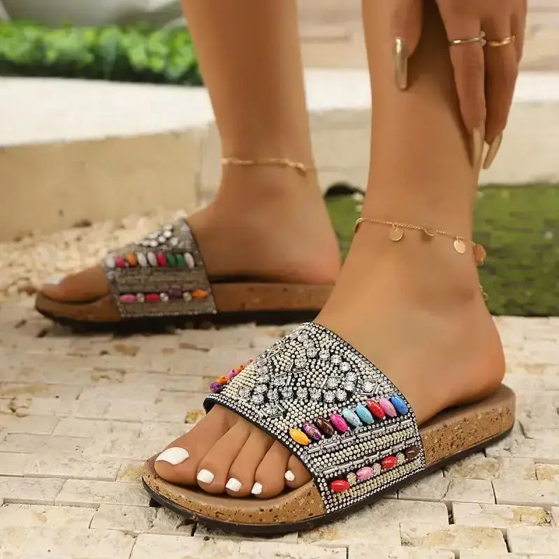 The Lady's Haven Boutique flat heel sandals with colorful beaded design perfect for ladies vacation beach slippers