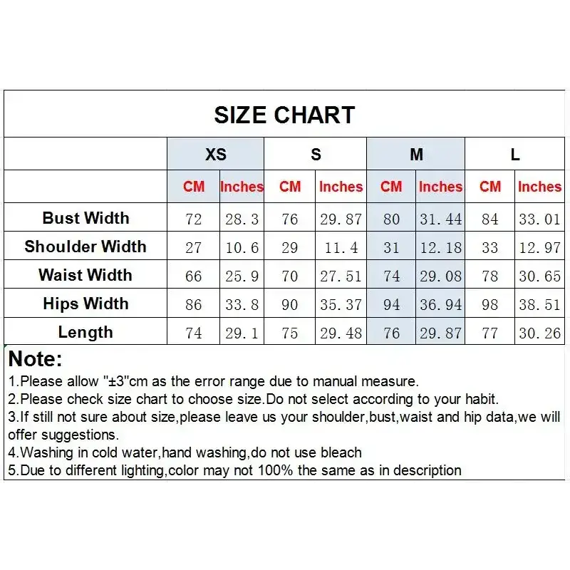 Size chart for white summer party mini dress including bust shoulder waist hips and length measurements in cm and inches