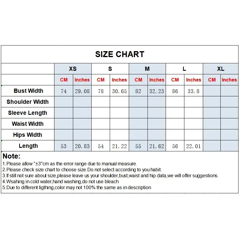 Size chart for puffy sleeveless summer top showing bust width and length measurements in centimeters and inches