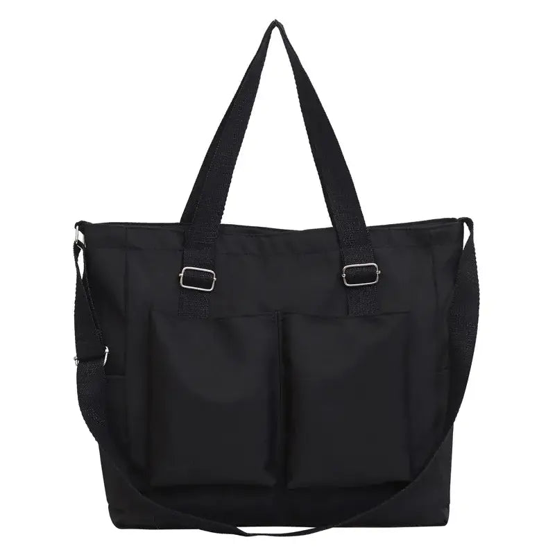Stylish black large capacity shopper handbag with multiple pockets and adjustable straps