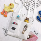 Large capacity tote bag for women in white with cute cartoon patches and multiple pockets