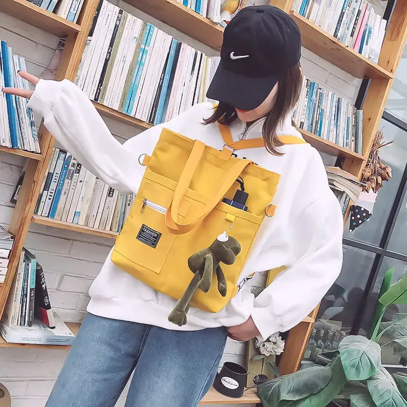 Stylish large capacity tote bag for women in yellow with functional pockets and a cute keychain