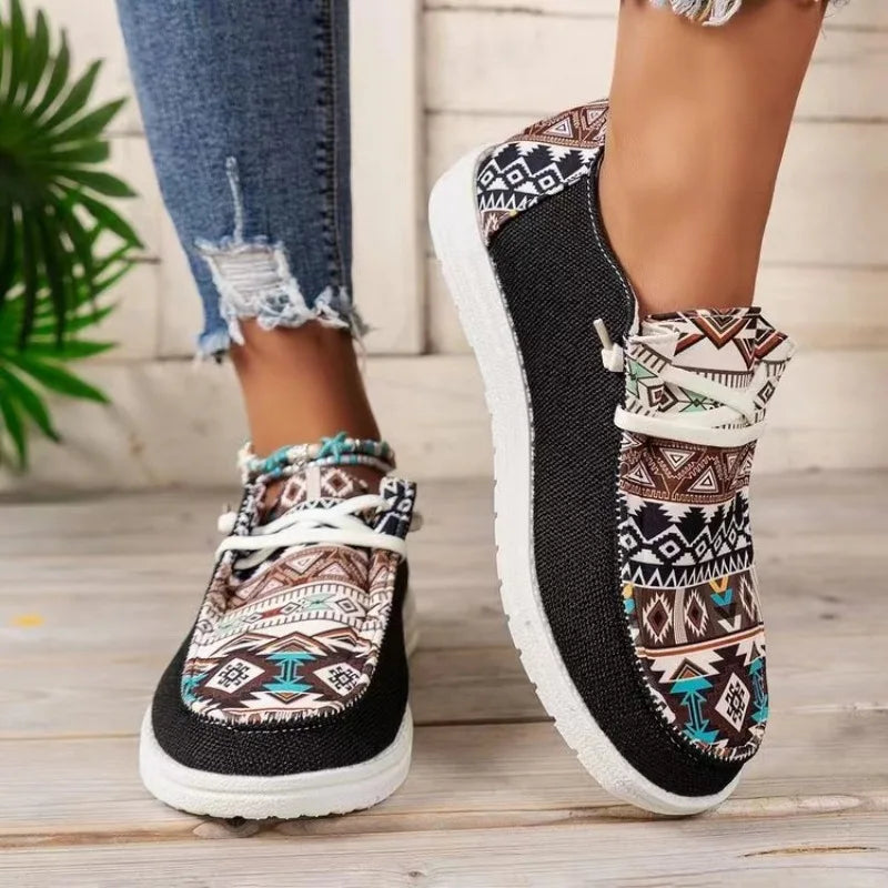 Large size plaid casual shoes with black and tribal pattern design worn with ripped jeans