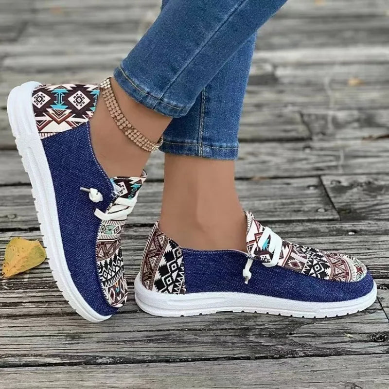 The Lady's Haven Boutique large size plaid casual shoes with mixed fabric and tribal patterns on white sole