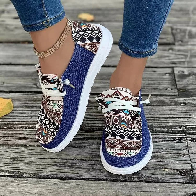 Large size plaid casual shoes with blue denim and geometric patterns worn with ankle bracelet