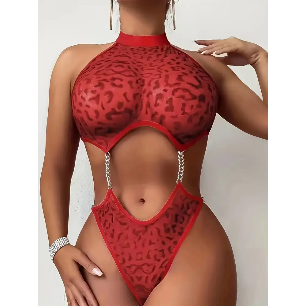 Leopard Print Chain Teddy - Red / S - Bodysuits