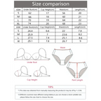 Leopard print lingerie set size chart showing measurements for under bust, cup height, waist, and length in centimeters and inches