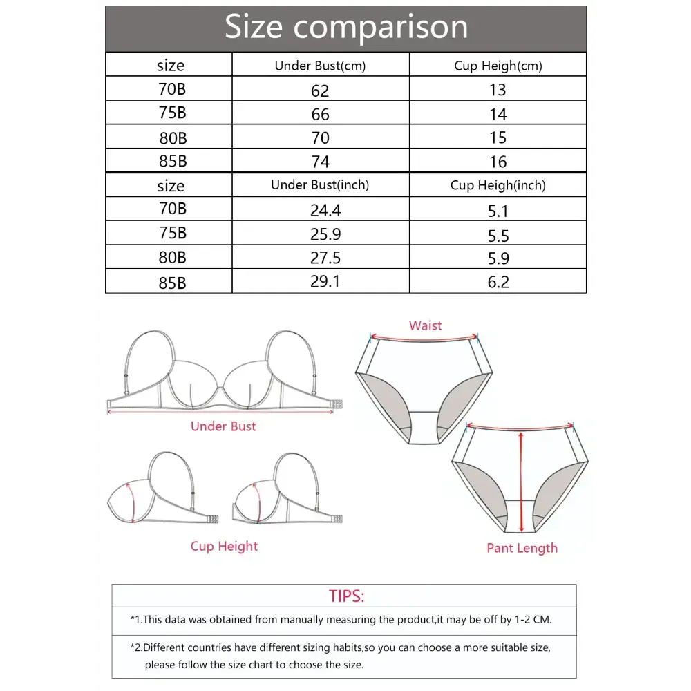 Size comparison chart with under bust and cup height measurements for leopard print push up bra