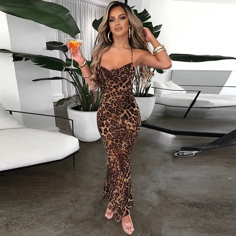 Mozision Elegant Leopard Print Maxi Dress For Women Summer Sexy Club Party Dresses Female Spaghetti Strap Sleeveless