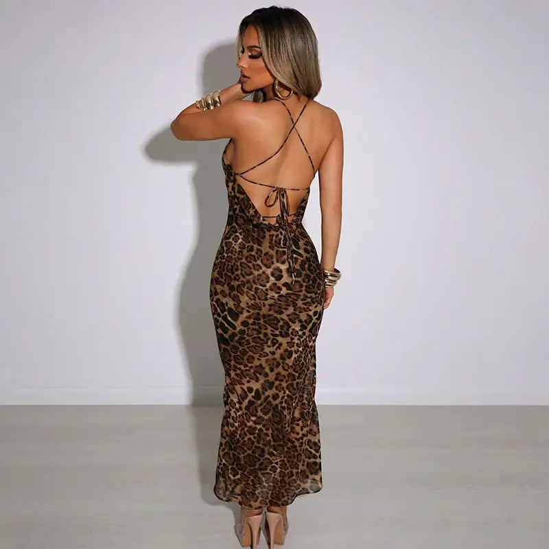 Mozision Elegant Leopard Print Maxi Dress For Women Summer Sexy Club Party Dresses Female Spaghetti Strap Sleeveless
