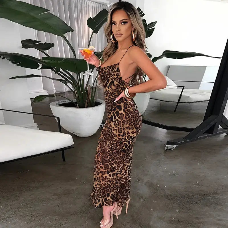 Mozision Elegant Leopard Print Maxi Dress For Women Summer Sexy Club Party Dresses Female Spaghetti Strap Sleeveless