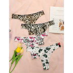Leopard print thong underwear and floral thong underwear styles displayed on light pink fabric background