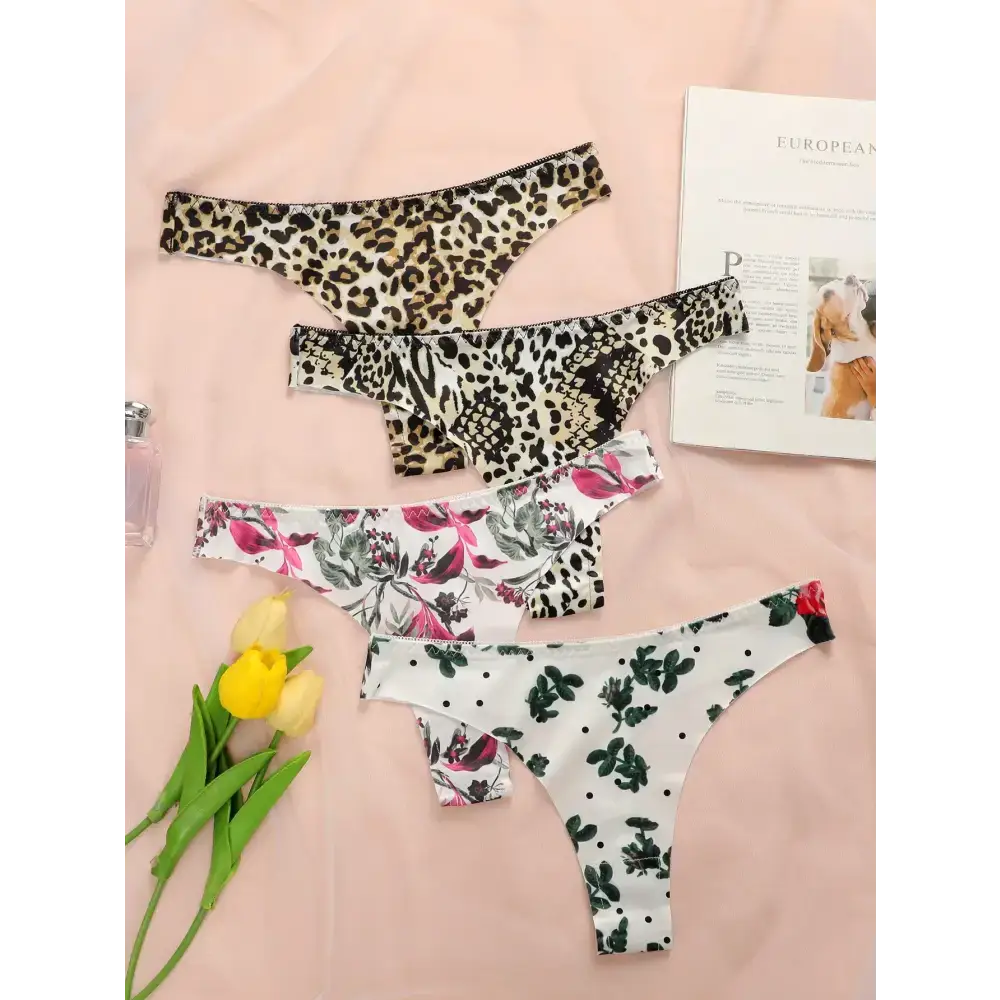Leopard print thong underwear and floral thong underwear styles displayed on light pink fabric background