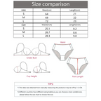 Size comparison chart for leopard print thong underwear with waist and length measurements in cm and inches