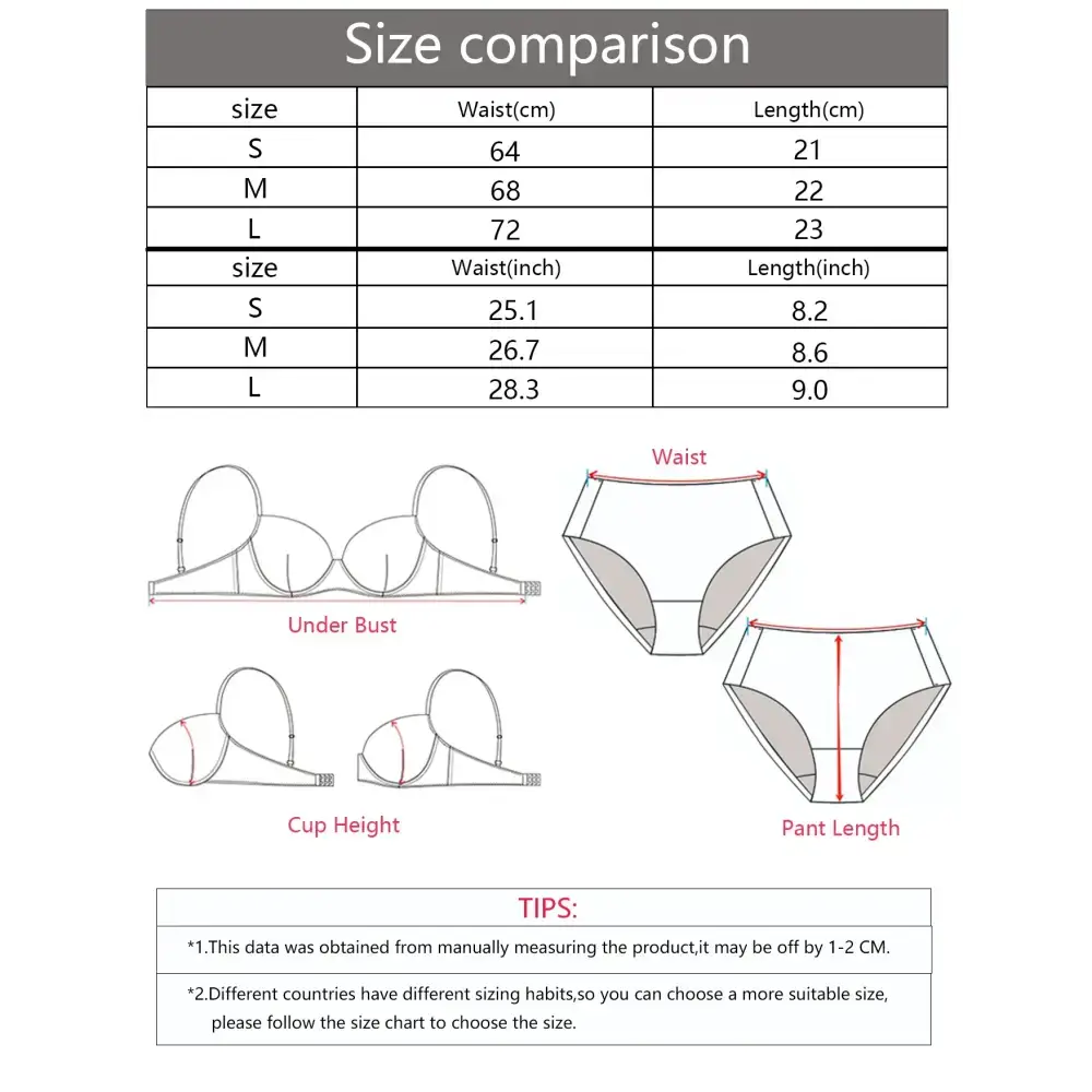 Size comparison chart for leopard print thong underwear with waist and length measurements in cm and inches