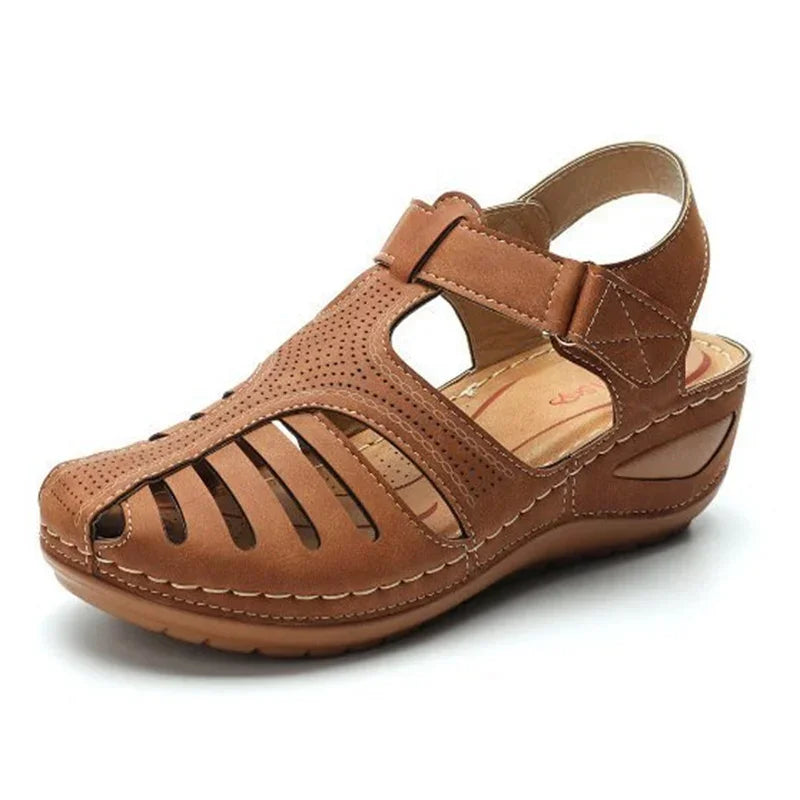 Brown leather bunion corrector summer sandals with adjustable strap and cushioned sole