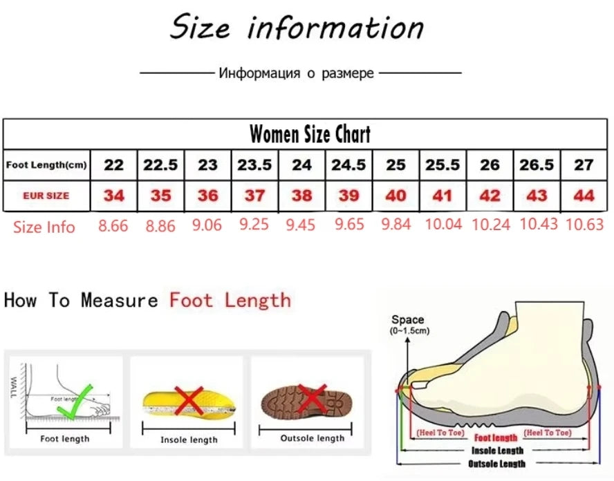 Size chart and measurement guide for lightweight walking shoes showing foot length in centimeters and European sizes