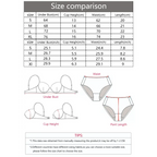 Size chart and measurement guide for low waisted thong bra set showing bust, cup, waist, and length dimensions