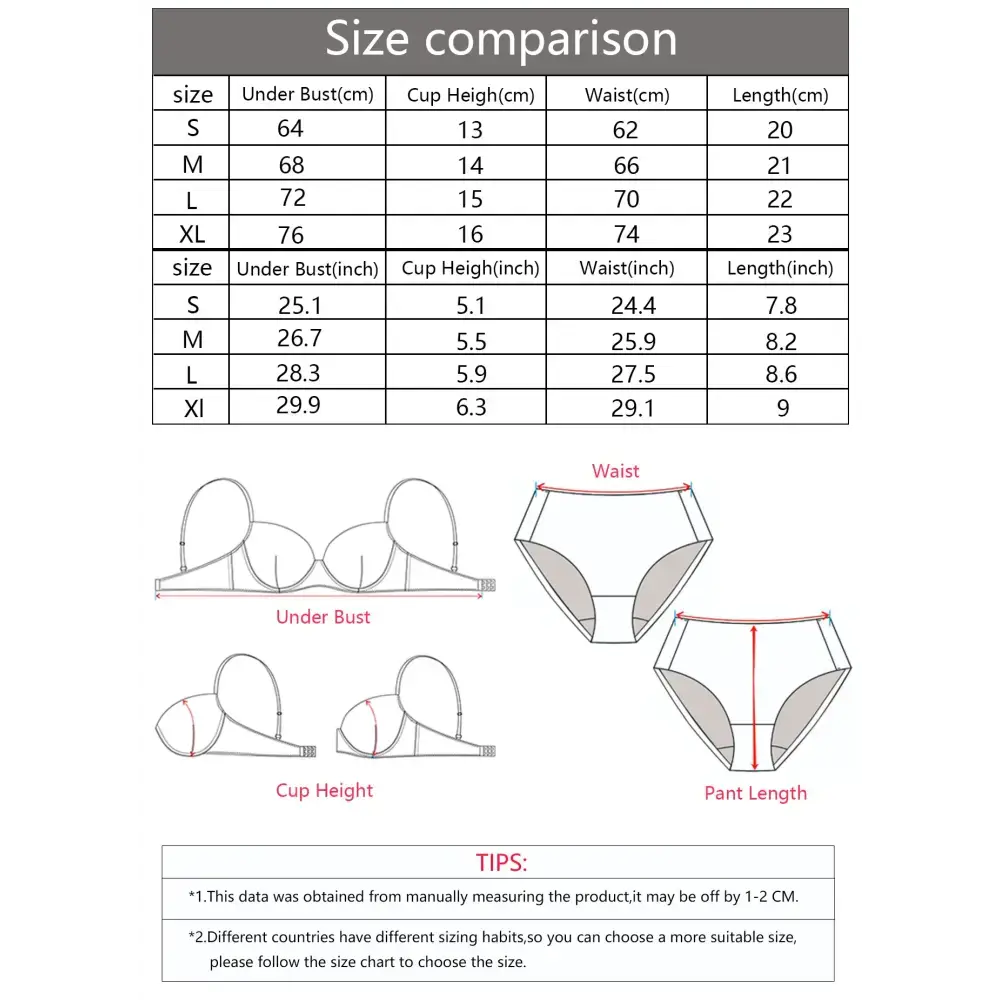 Size chart and measurement guide for low waisted thong bra set showing bust, cup, waist, and length dimensions
