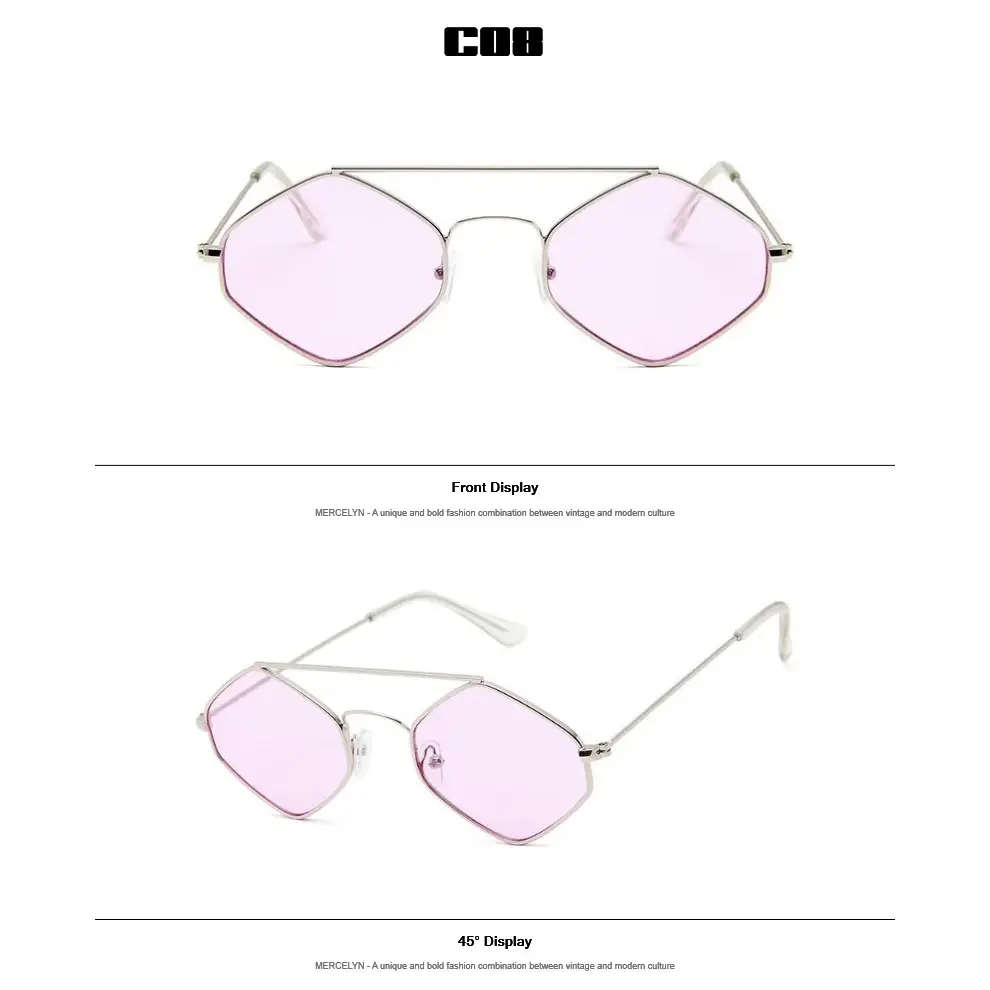 Luxury ladies sunglasses with metal frame featuring a unique hexagonal design and pink lenses
