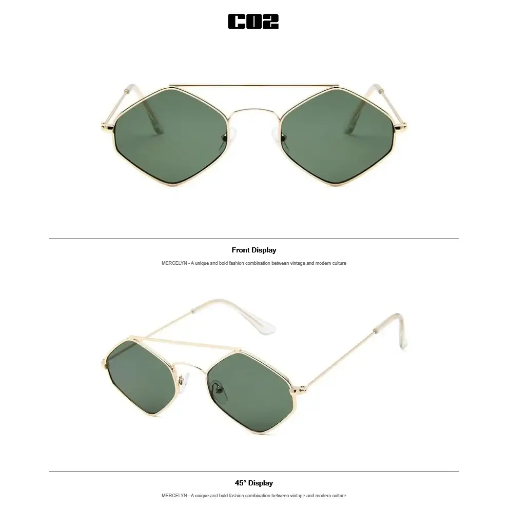 Luxury ladies sunglasses metal frame with unique hexagonal design and green lenses