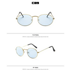 Elegant luxury oval sunglasses women with a stylish gold frame and light blue lenses