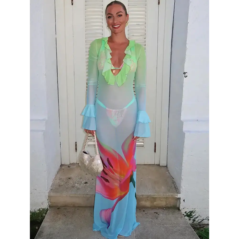 Mozision Mesh See Through Print Sexy Maxi Dress Women Fashion Gradient Color Deep V Neck Long Sleeve Printed Long