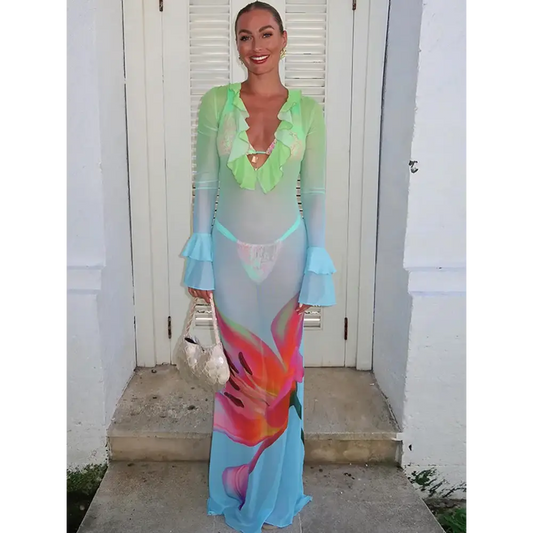 Mozision Mesh See Through Print Sexy Maxi Dress Women Fashion Gradient Color Deep V Neck Long Sleeve Printed Long