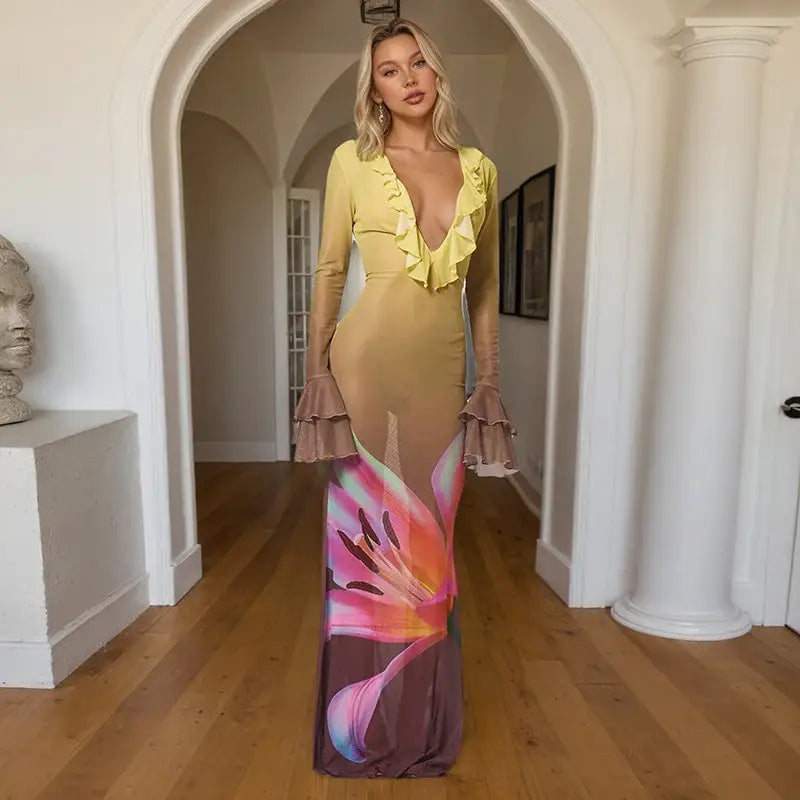 Mozision Mesh See Through Print Sexy Maxi Dress Women Fashion Gradient Color Deep V Neck Long Sleeve Printed Long