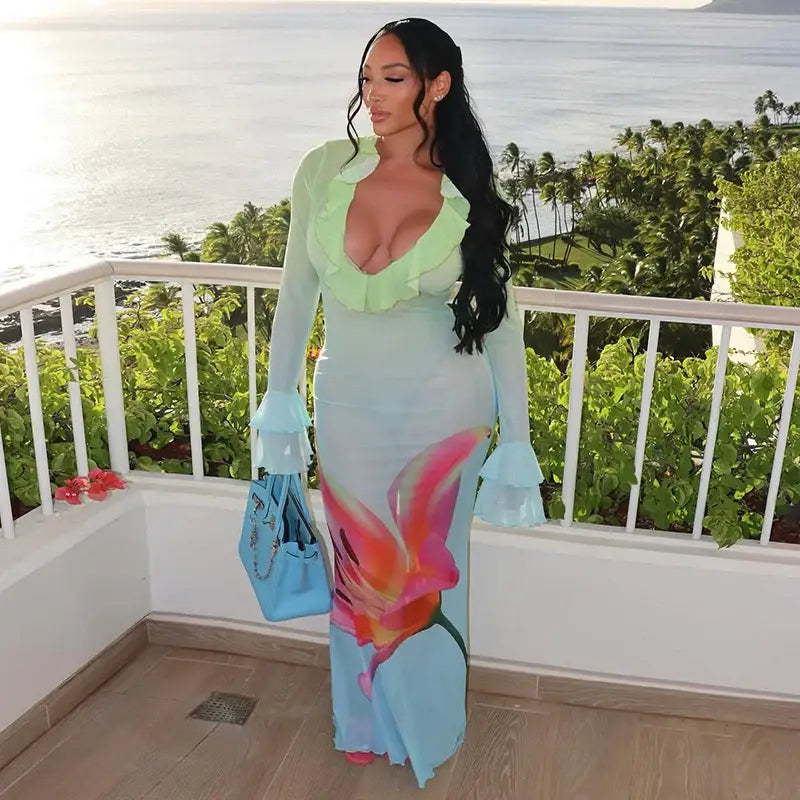 Mozision Mesh See Through Print Sexy Maxi Dress Women Fashion Gradient Color Deep V Neck Long Sleeve Printed Long