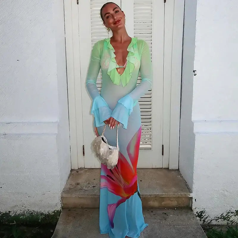 Mozision Mesh See Through Print Sexy Maxi Dress Women Fashion Gradient Color Deep V Neck Long Sleeve Printed Long