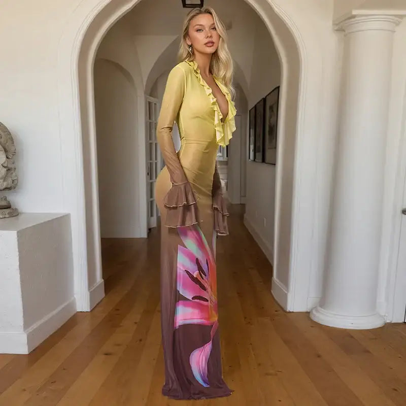 Mozision Mesh See Through Print Sexy Maxi Dress Women Fashion Gradient Color Deep V Neck Long Sleeve Printed Long