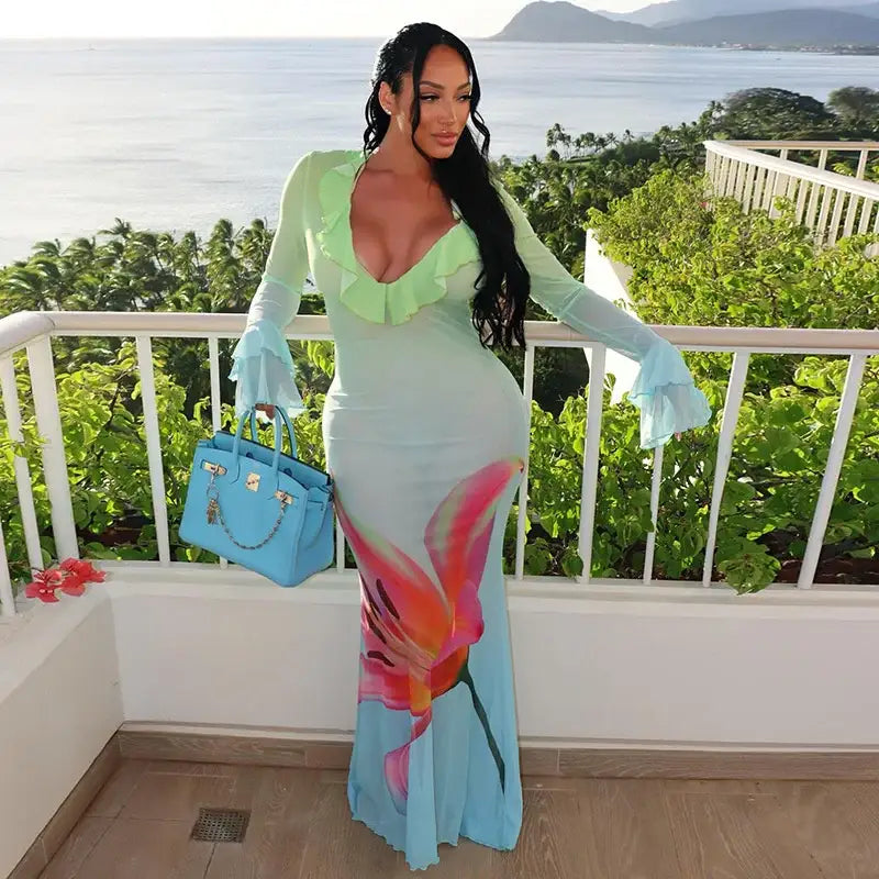 Mozision Mesh See Through Print Sexy Maxi Dress Women Fashion Gradient Color Deep V Neck Long Sleeve Printed Long