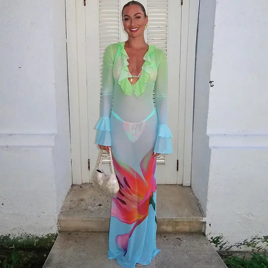 Mozision Mesh See Through Print Sexy Maxi Dress Women Fashion Gradient Color Deep V Neck Long Sleeve Printed Long