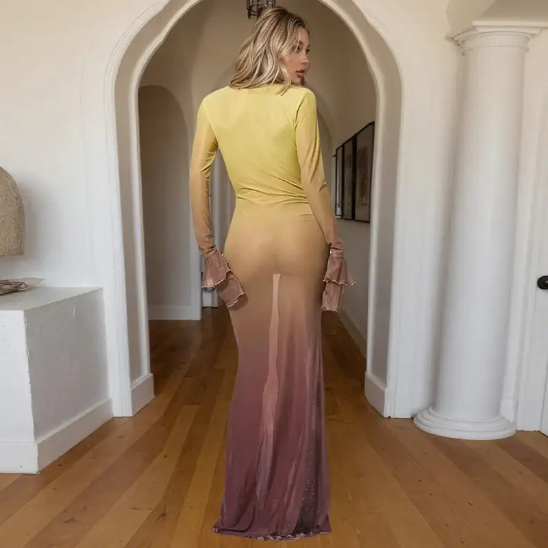 Mozision Mesh See Through Print Sexy Maxi Dress Women Fashion Gradient Color Deep V Neck Long Sleeve Printed Long