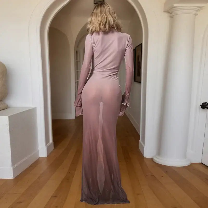 Mozision Mesh See Through Print Sexy Maxi Dress Women Fashion Gradient Color Deep V Neck Long Sleeve Printed Long