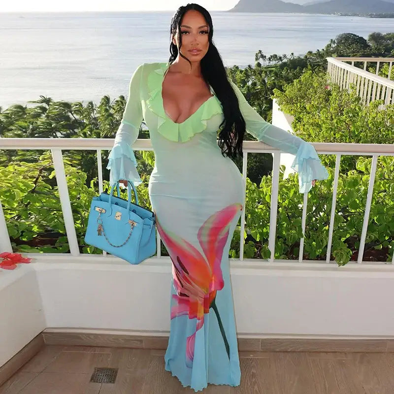 Mozision Mesh See Through Print Sexy Maxi Dress Women Fashion Gradient Color Deep V Neck Long Sleeve Printed Long