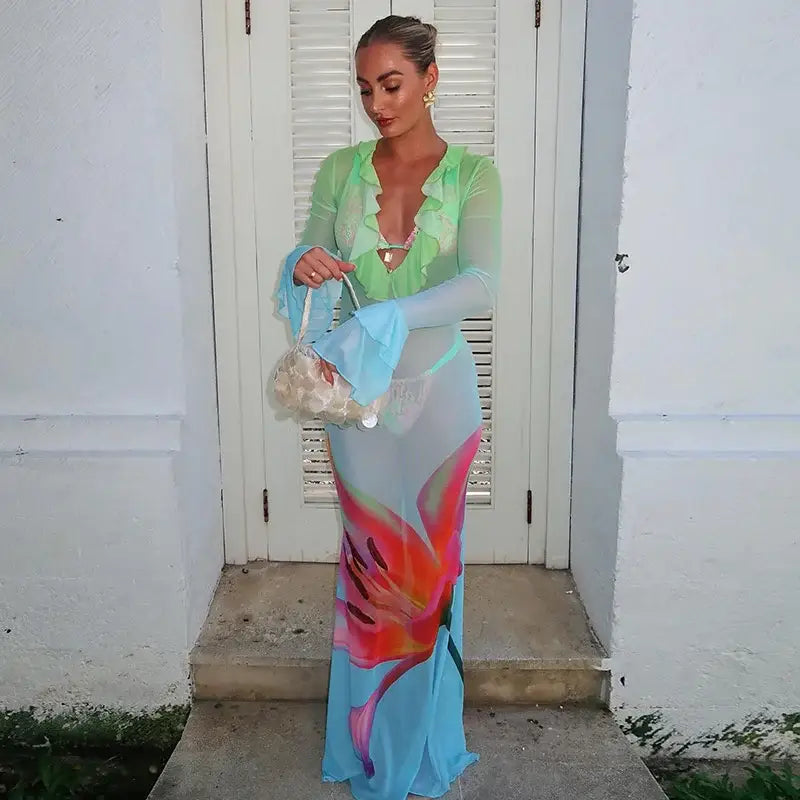 Mozision Mesh See Through Print Sexy Maxi Dress Women Fashion Gradient Color Deep V Neck Long Sleeve Printed Long