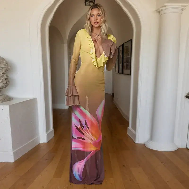 Mozision Mesh See Through Print Sexy Maxi Dress Women Fashion Gradient Color Deep V Neck Long Sleeve Printed Long