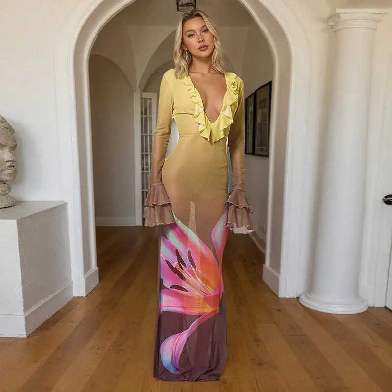 Mozision Mesh See Through Print Sexy Maxi Dress Women Fashion Gradient Color Deep V Neck Long Sleeve Printed Long