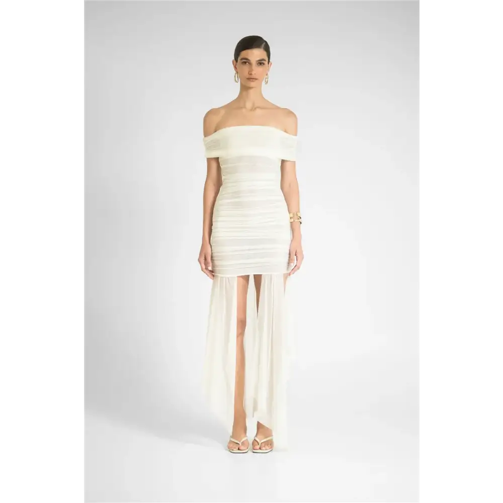 Mozision Mesh Off-shoulder Backless Sexy Maxi Dress For Women Fashion Strapless Sleeveless Split Ruched Bodycon Club