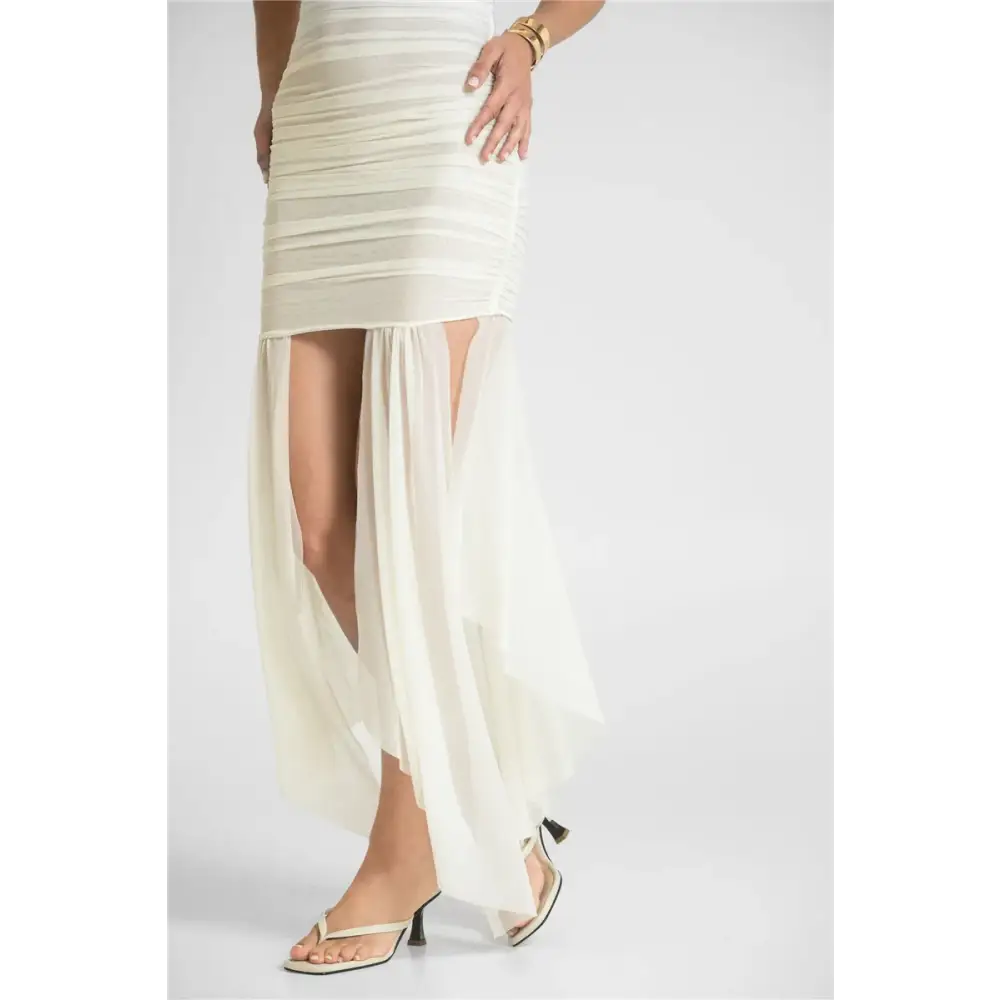 Mozision Mesh Off-shoulder Backless Sexy Maxi Dress For Women Fashion Strapless Sleeveless Split Ruched Bodycon Club