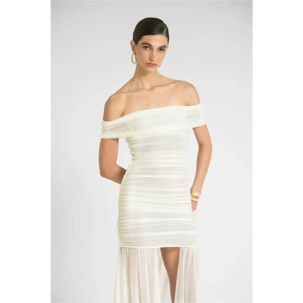 Mozision Mesh Off-shoulder Backless Sexy Maxi Dress For Women Fashion Strapless Sleeveless Split Ruched Bodycon Club