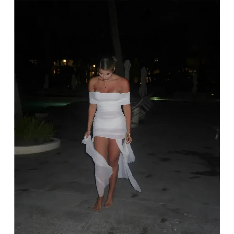 Mozision Mesh Off-shoulder Backless Sexy Maxi Dress For Women Fashion Strapless Sleeveless Split Ruched Bodycon Club