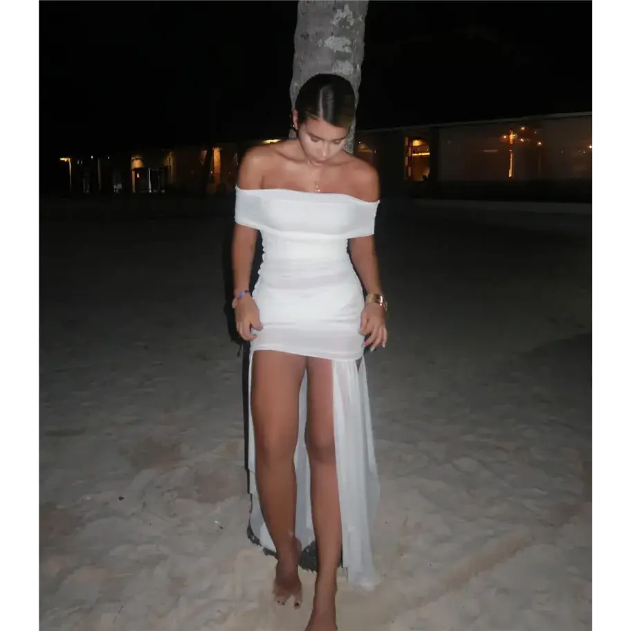 Mozision Mesh Off-shoulder Backless Sexy Maxi Dress For Women Fashion Strapless Sleeveless Split Ruched Bodycon Club